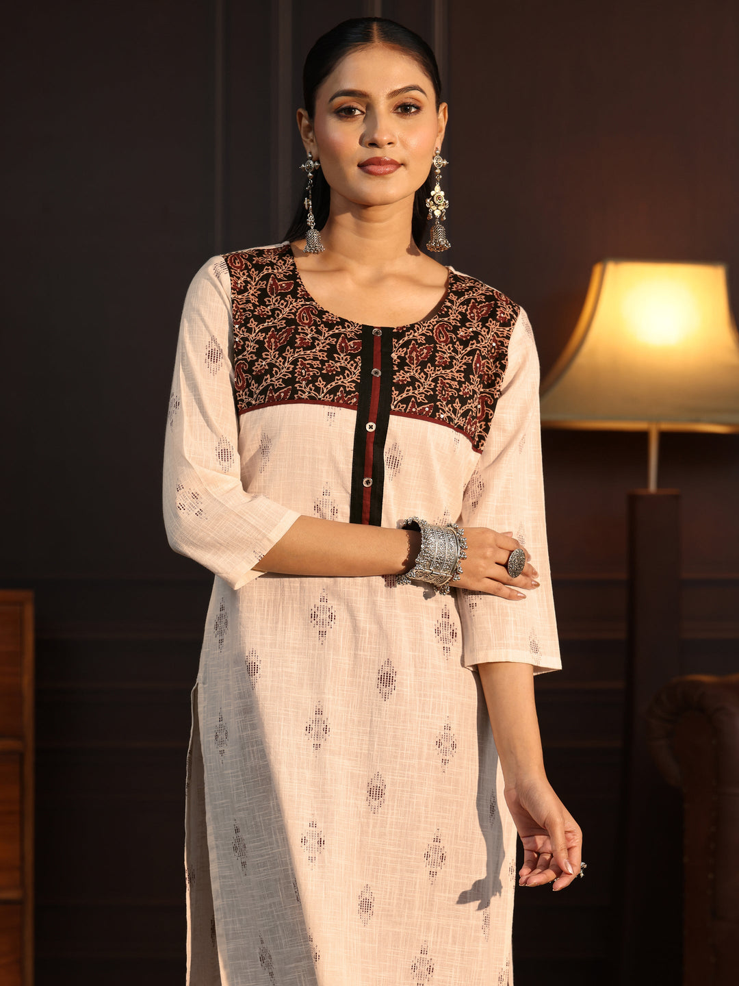 Libas Off White Embroidered Cotton Blend Straight Suit Set