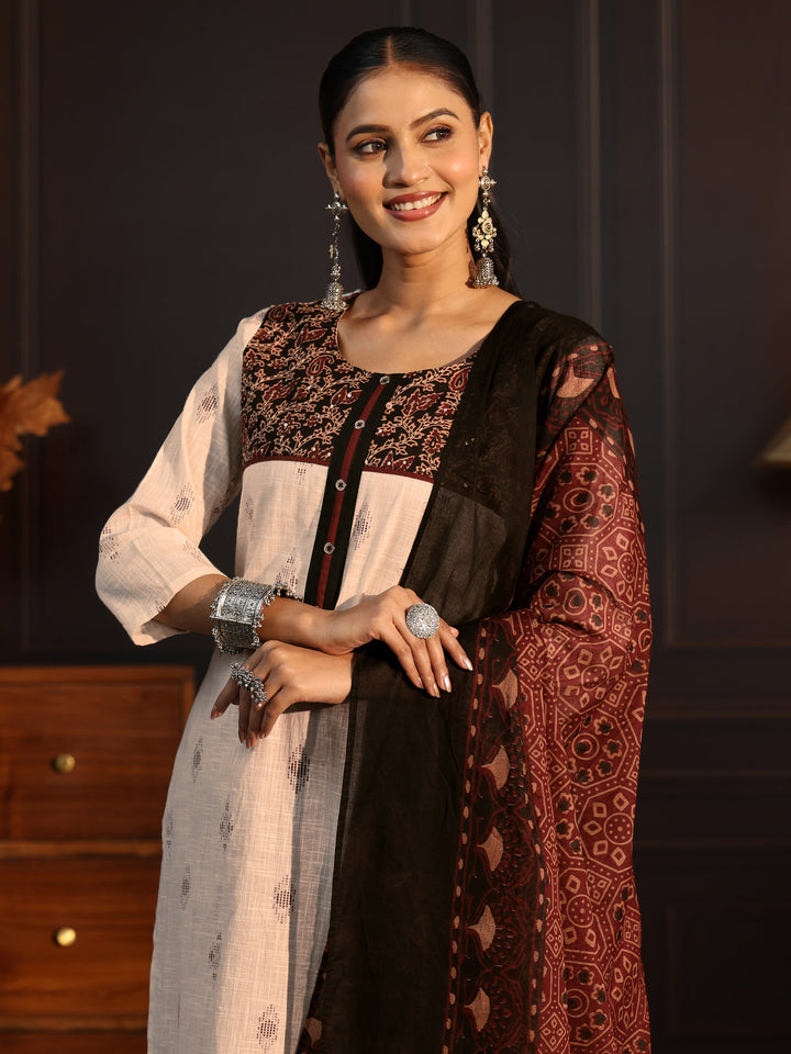 Libas Off White Embroidered Cotton Blend Straight Suit Set
