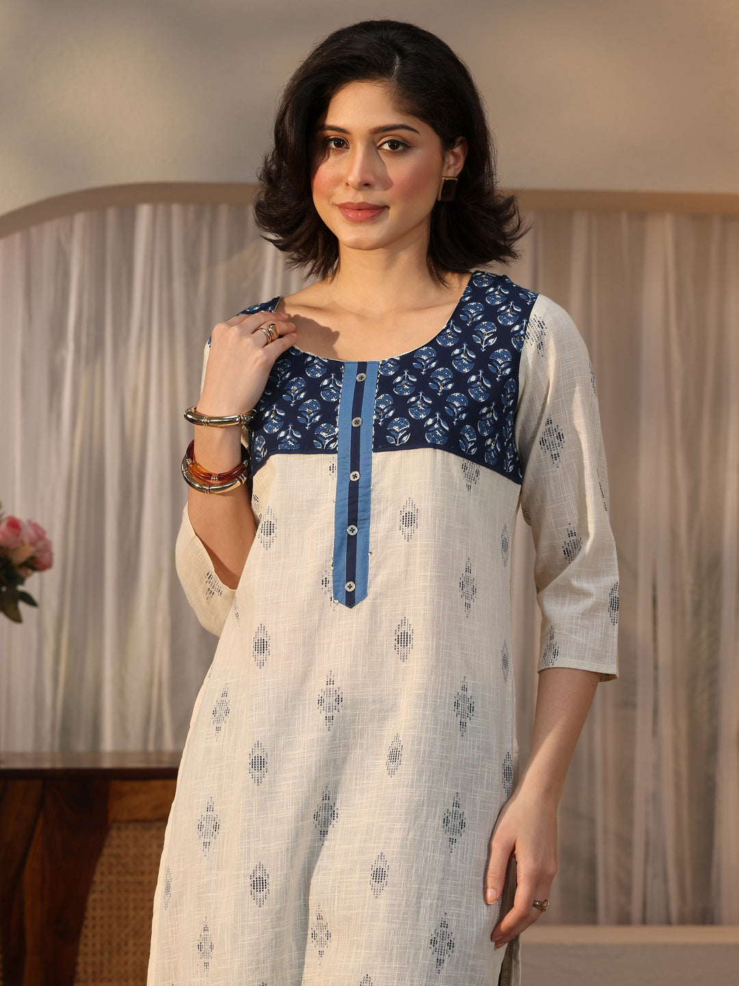 Libas Off White Ethnic Printed Cotton Blend Straight Suit Set
