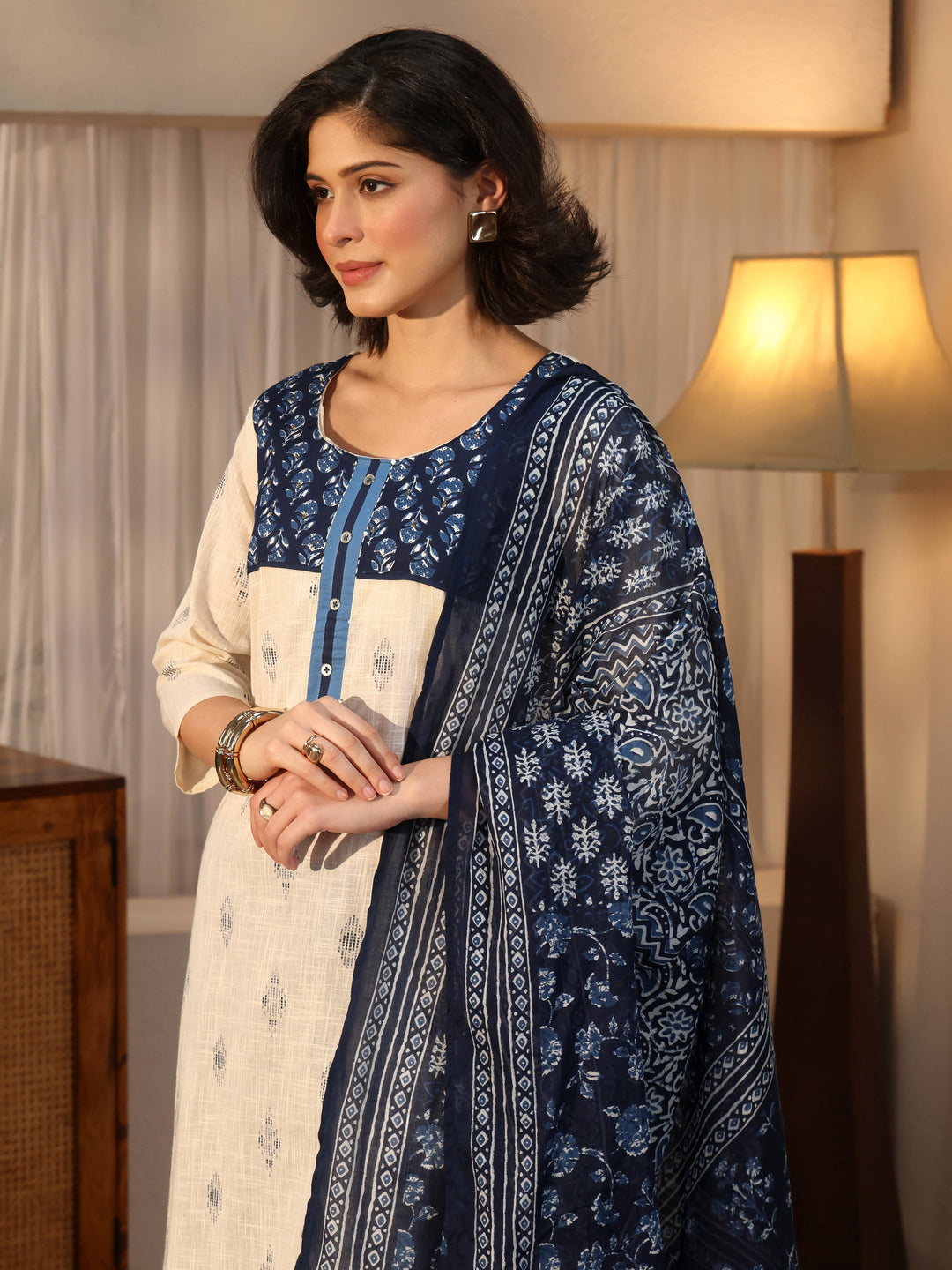 Libas Off White Ethnic Printed Cotton Blend Straight Suit Set