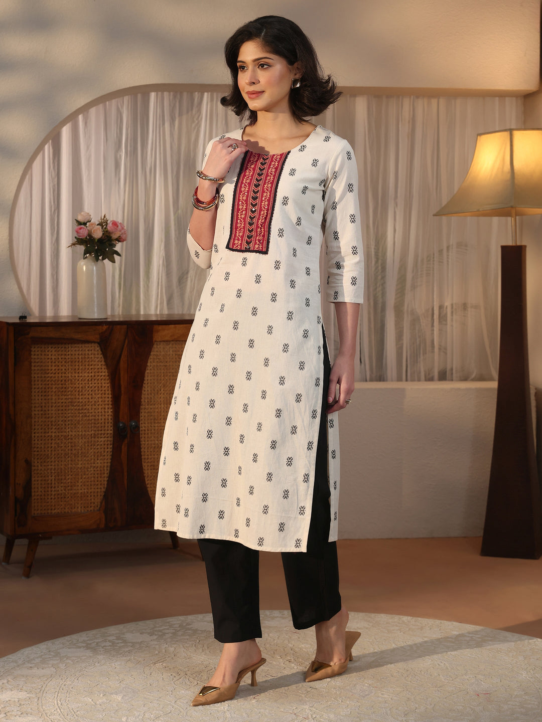 Libas Off White Woven Design Cotton Blend Straight Suit Set