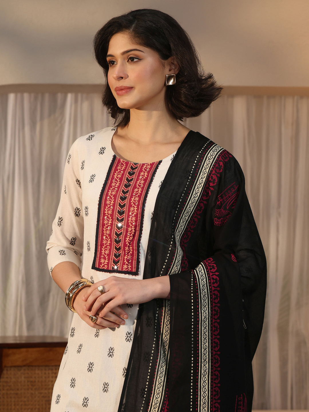 Libas Off White Woven Design Cotton Blend Straight Suit Set