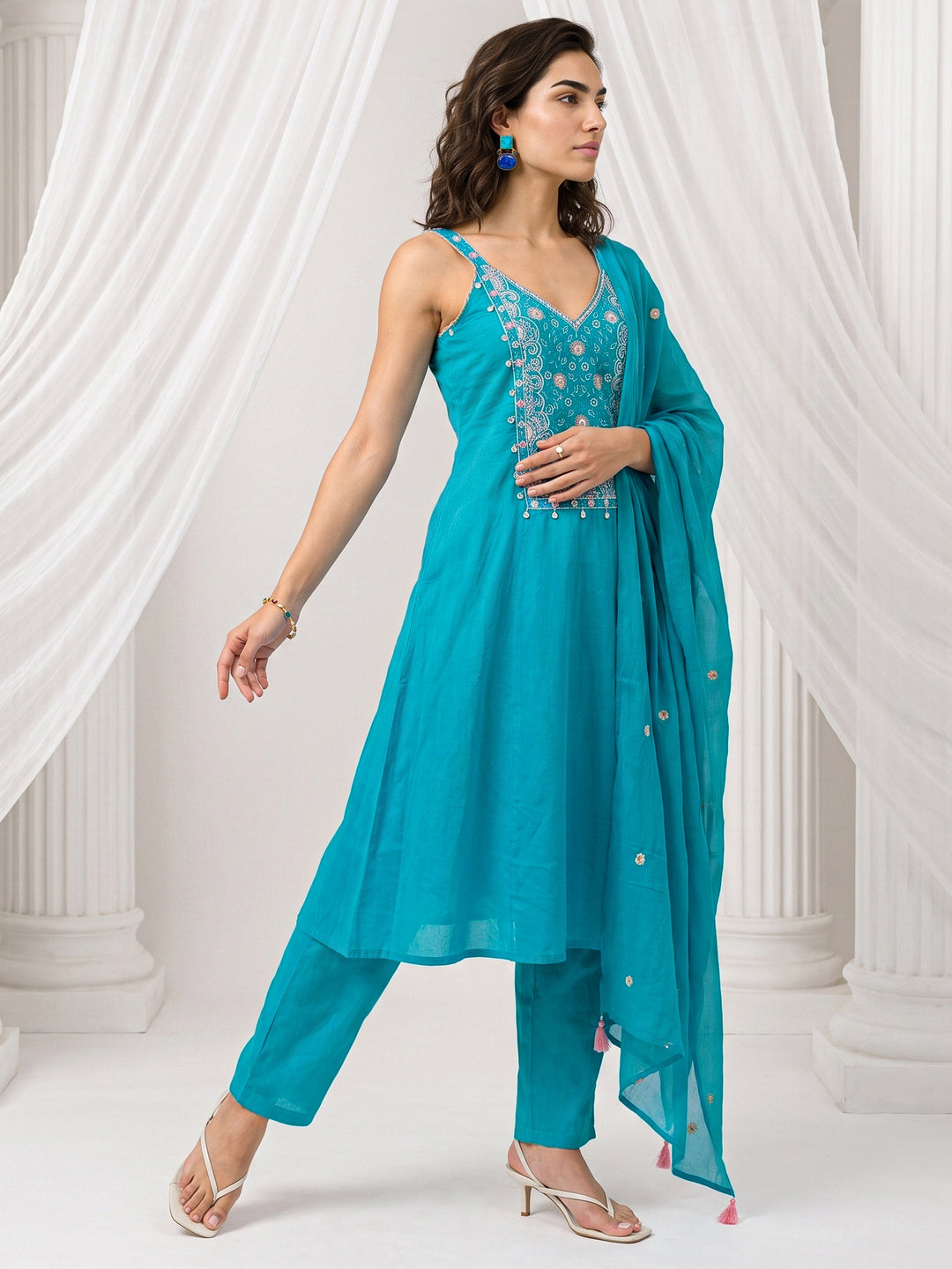 Libas Blue Yoke Design Strappy Cotton A-Line Suit Set