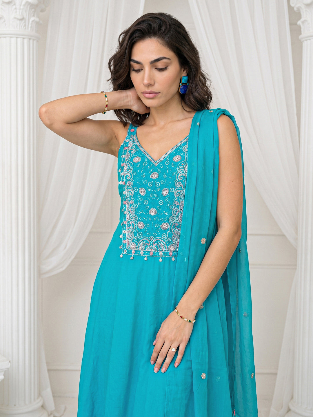 Libas Blue Yoke Design Strappy Cotton A-Line Suit Set