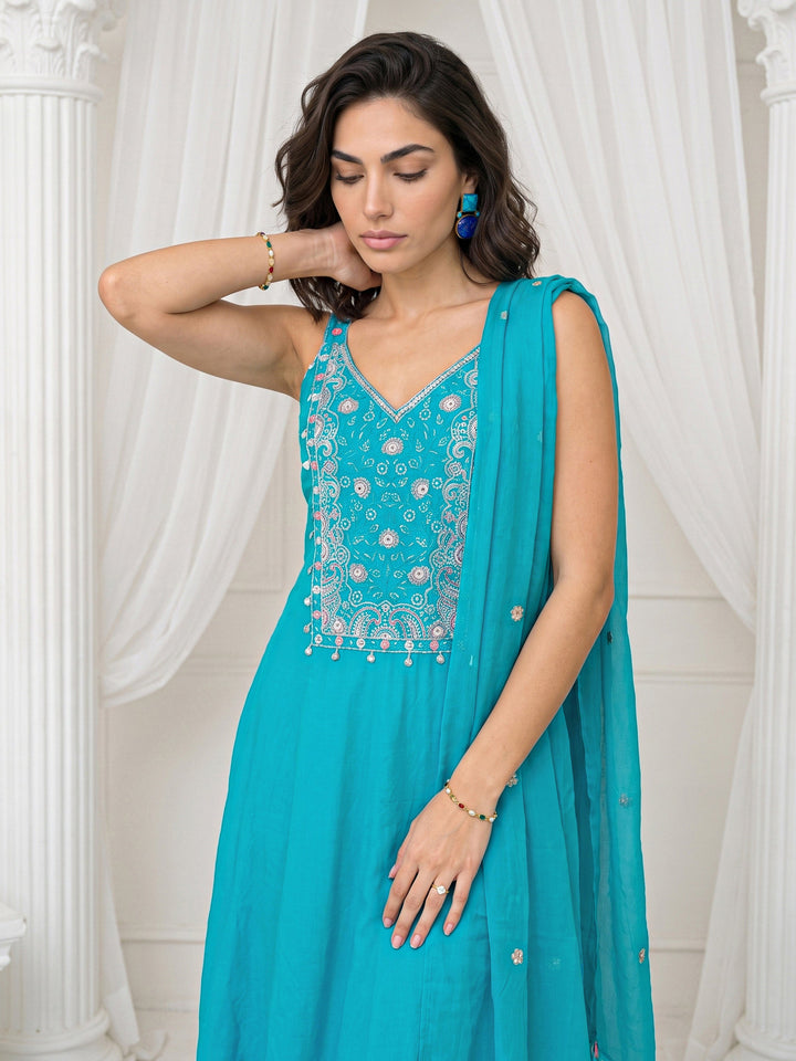 Libas Blue Yoke Design Strappy Cotton A-Line Suit Set