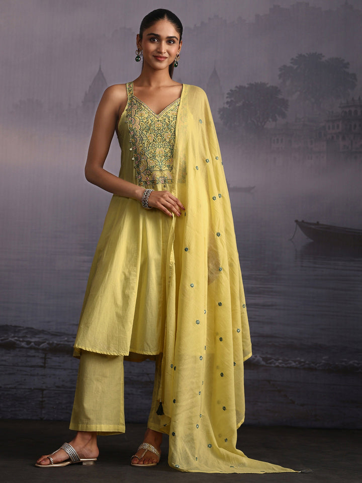Libas Yellow Yoke Design Strappy Cotton A-Line Suit Set