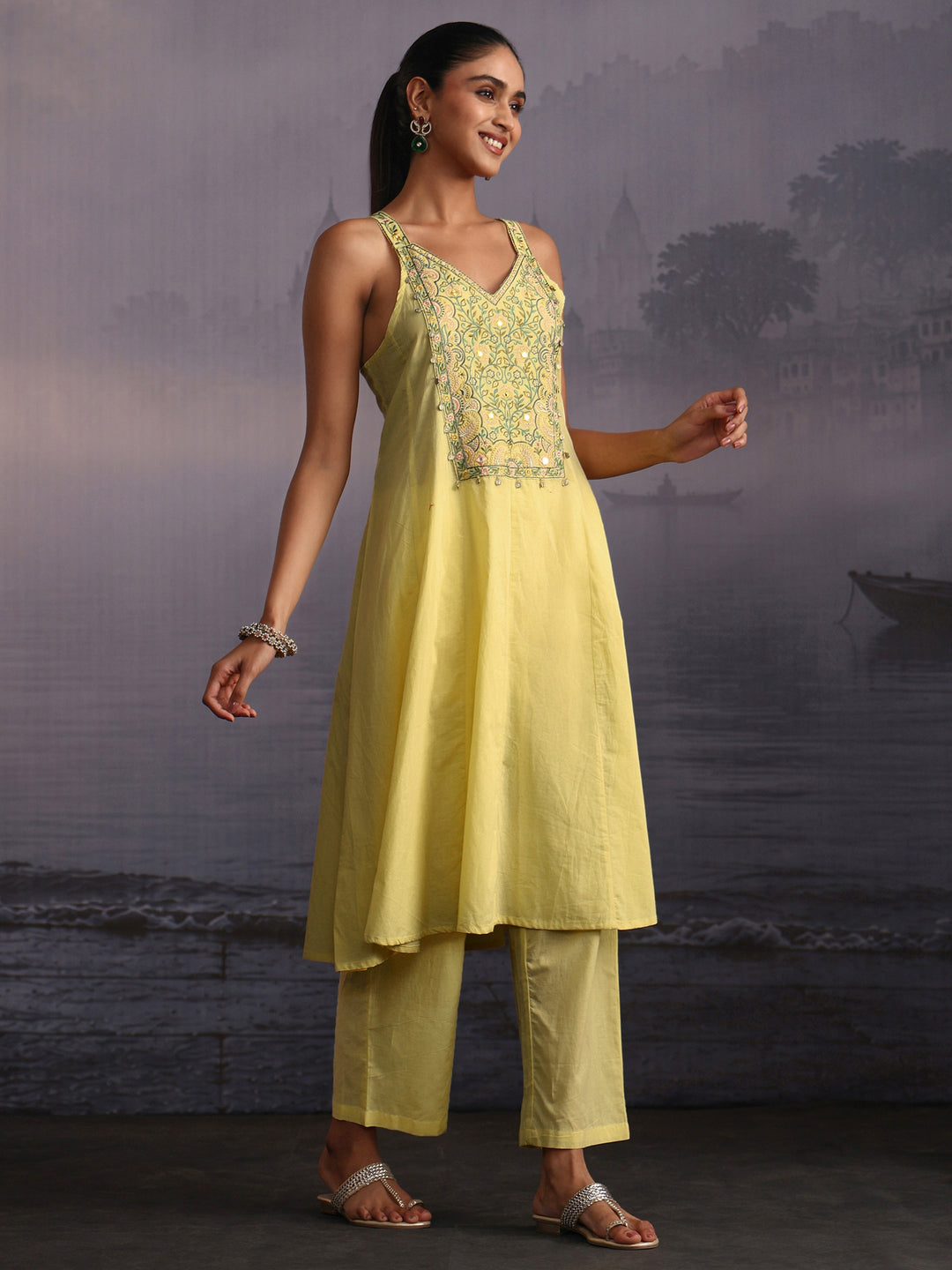 Libas Yellow Yoke Design Strappy Cotton A-Line Suit Set