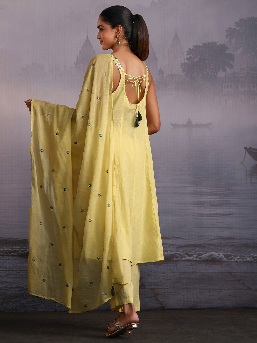 Libas Yellow Yoke Design Strappy Cotton A-Line Suit Set