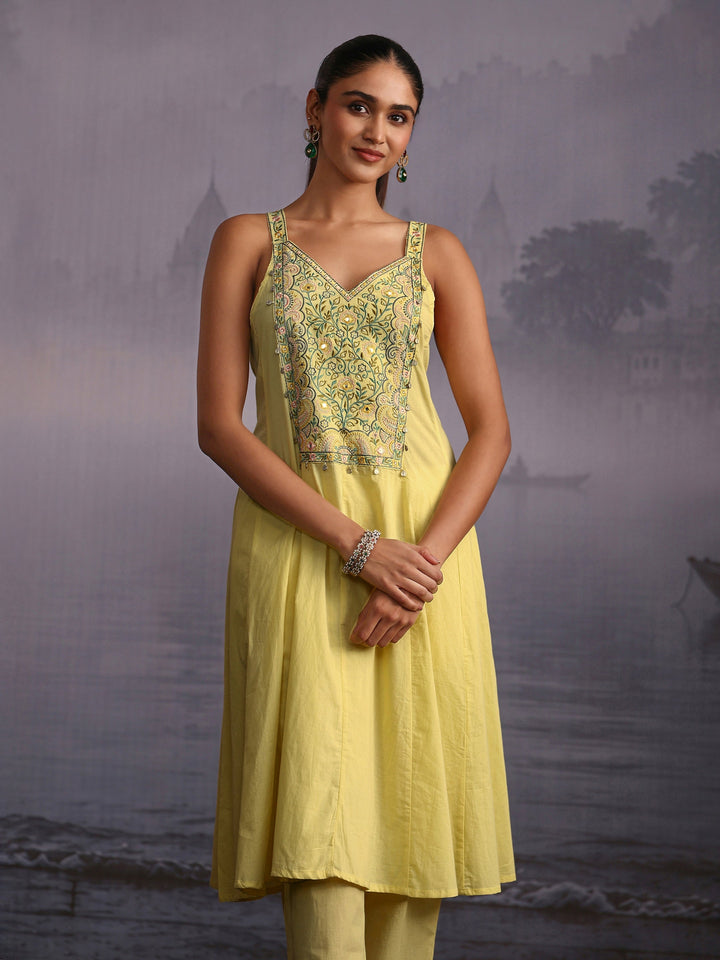 Libas Yellow Yoke Design Strappy Cotton A-Line Suit Set