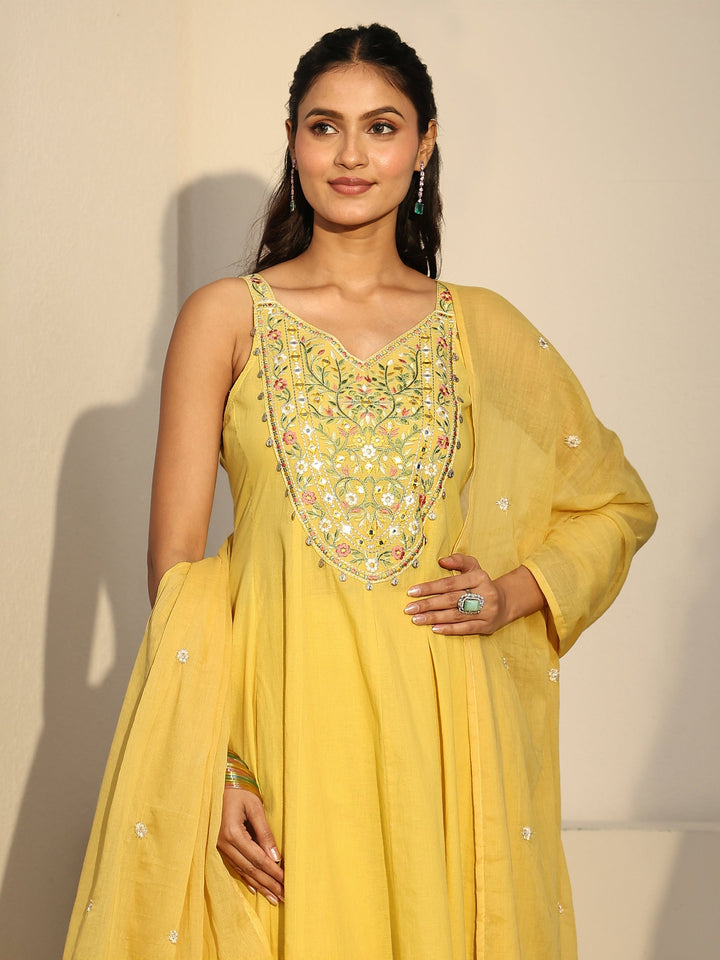 Libas Mustard  Strappy Yoke Embroidered Cotton A-Line Suit Set
