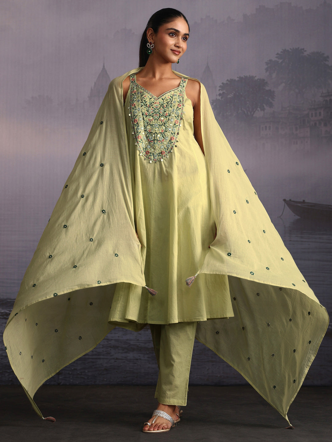 Libas Sage Green Yoke Design Strappy Cotton A-Line Suit Set