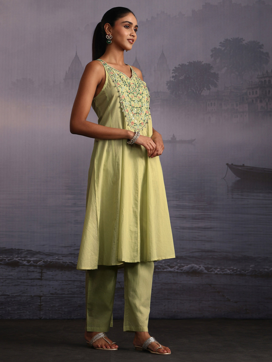 Libas Sage Green Yoke Design Strappy Cotton A-Line Suit Set