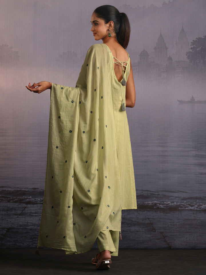 Libas Sage Green Yoke Design Strappy Cotton A-Line Suit Set