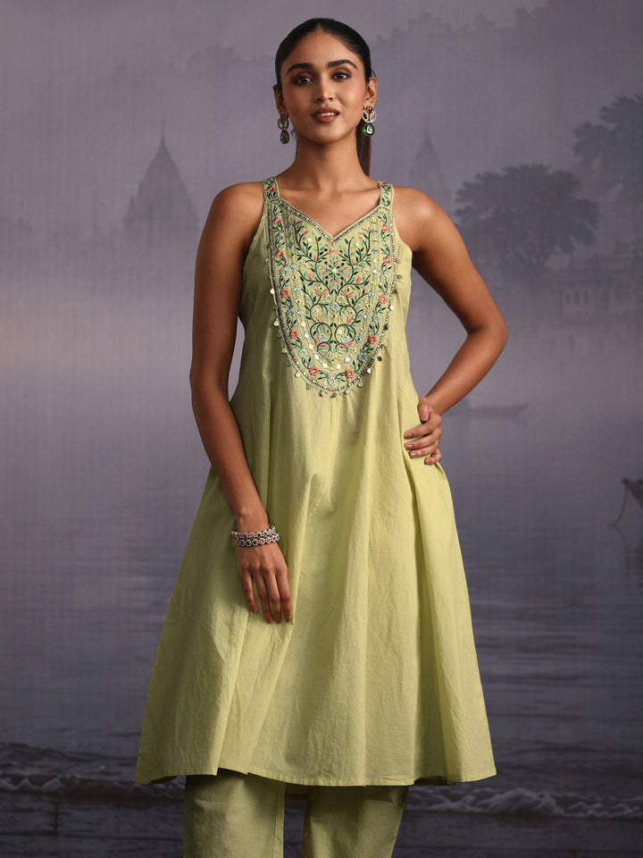Libas Sage Green Yoke Design Strappy Cotton A-Line Suit Set