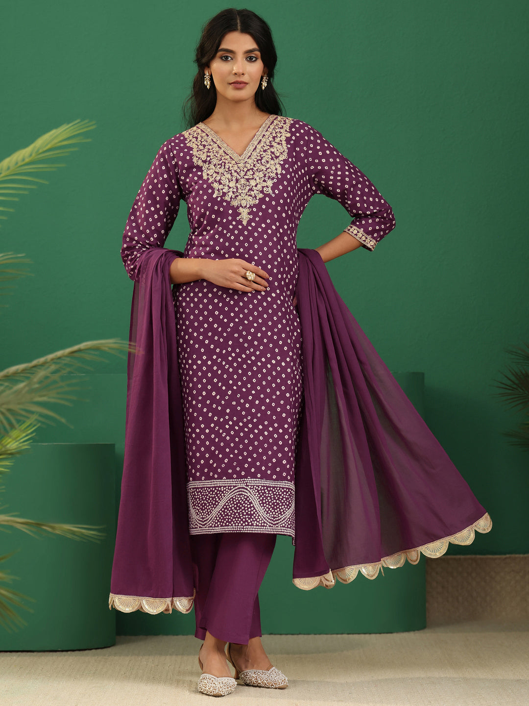 Libas Burgundy Bandhani Cotton Straight Suit Set