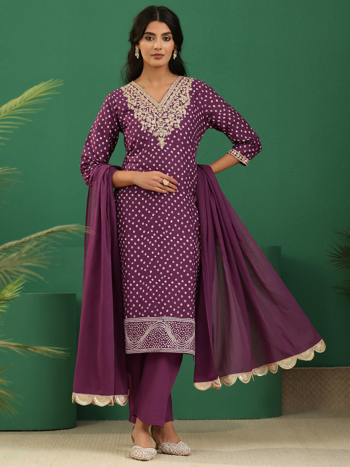 Libas Burgundy Bandhani Cotton Straight Suit Set