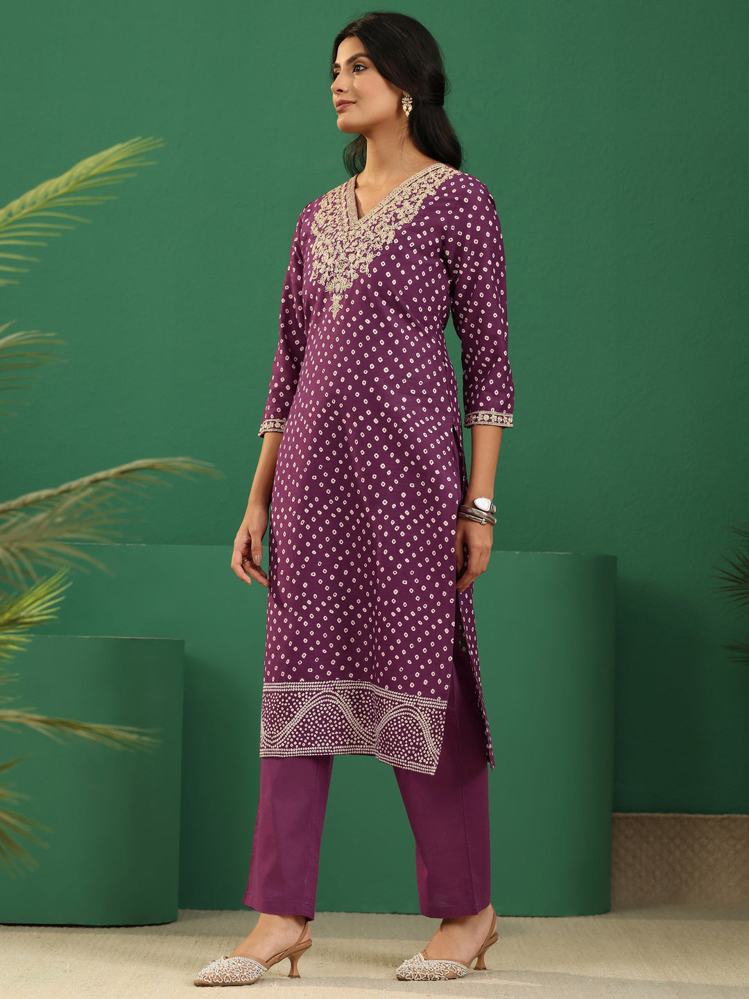 Libas Burgundy Bandhani Cotton Straight Suit Set