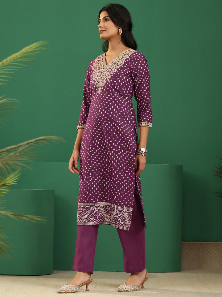 Libas Burgundy Bandhani Cotton Straight Suit Set