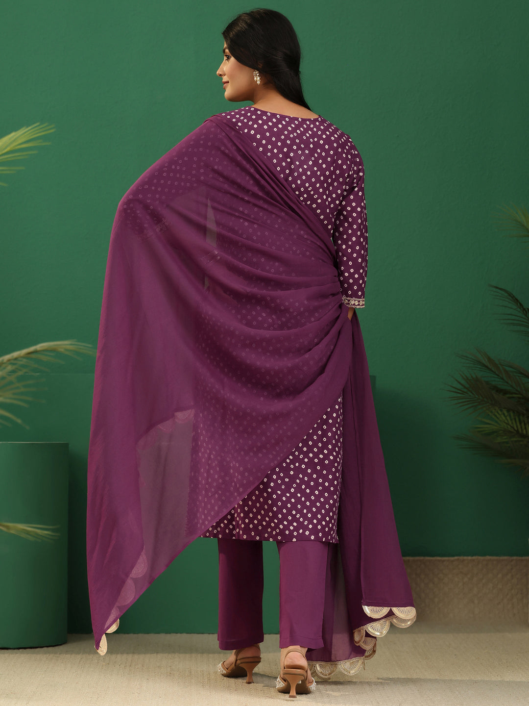 Libas Burgundy Bandhani Cotton Straight Suit Set