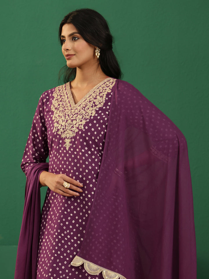 Libas Burgundy Bandhani Cotton Straight Suit Set