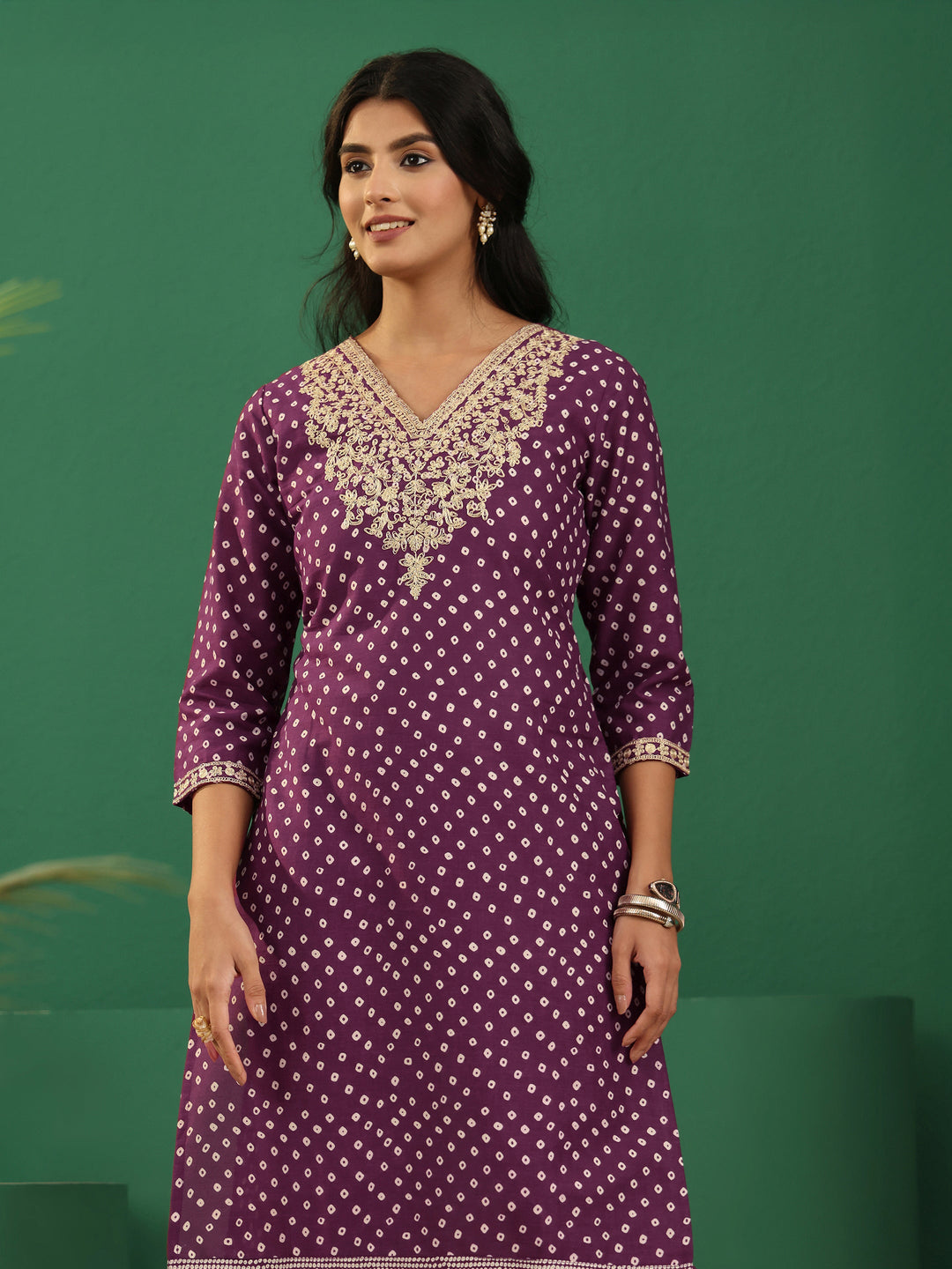 Libas Burgundy Bandhani Cotton Straight Suit Set