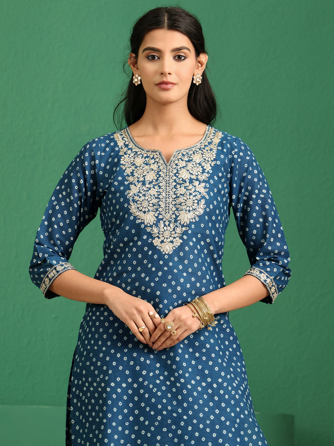 Libas Peacock Blue Bandhani Cotton Straight Suit Set