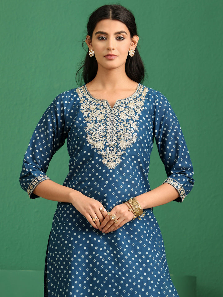 Libas Peacock Blue Bandhani Cotton Straight Suit Set