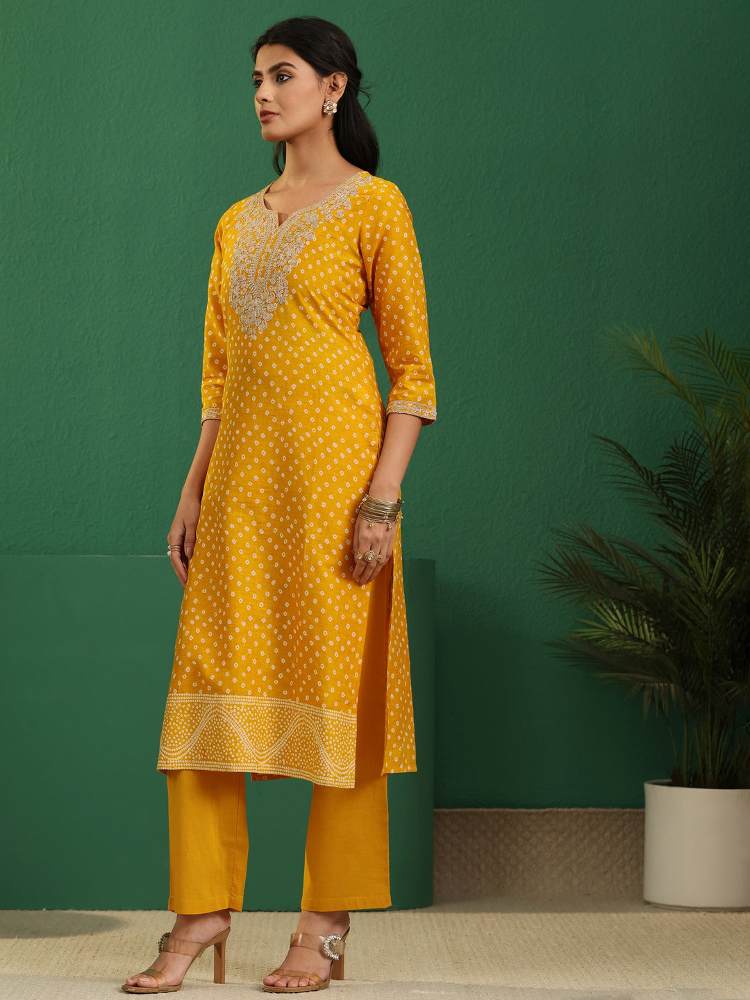 Libas Mustard Bandhani Cotton Straight Suit Set