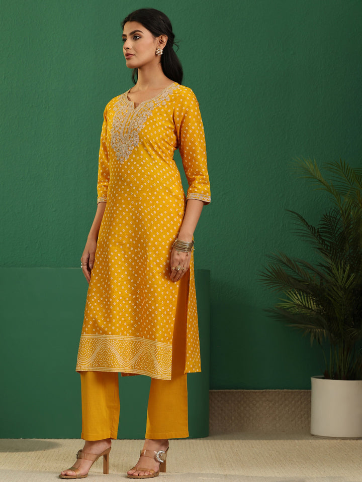 Libas Mustard Bandhani Cotton Straight Suit Set