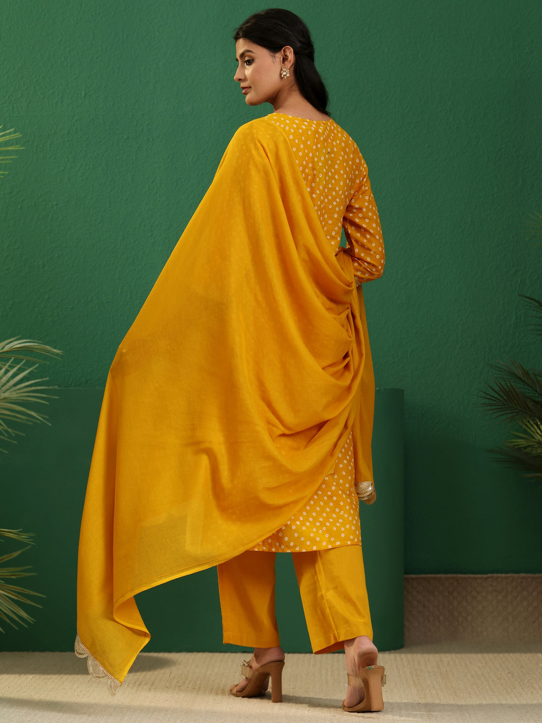 Libas Mustard Bandhani Cotton Straight Suit Set