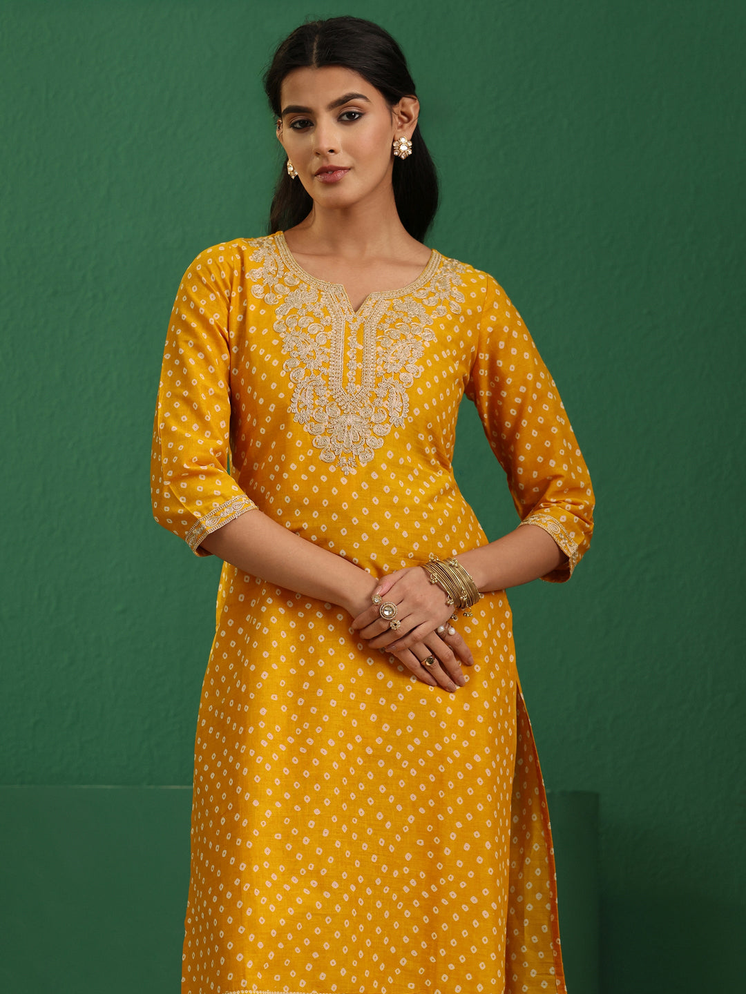 Libas Mustard Bandhani Cotton Straight Suit Set