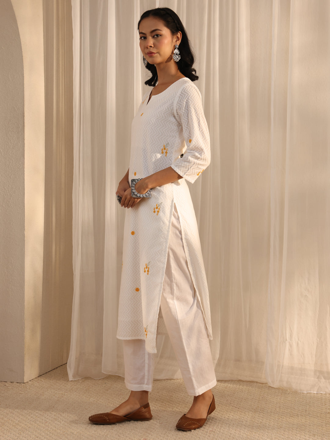 White Chevron Embroidered Cotton Straight Suit Set With Dupatta