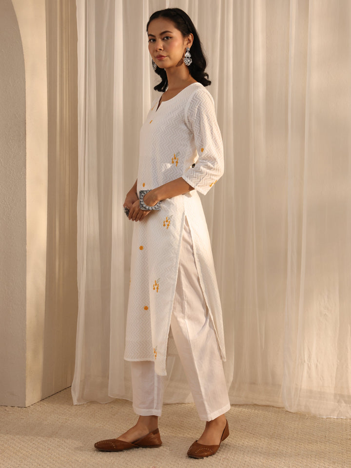 White Chevron Embroidered Cotton Straight Suit Set With Dupatta