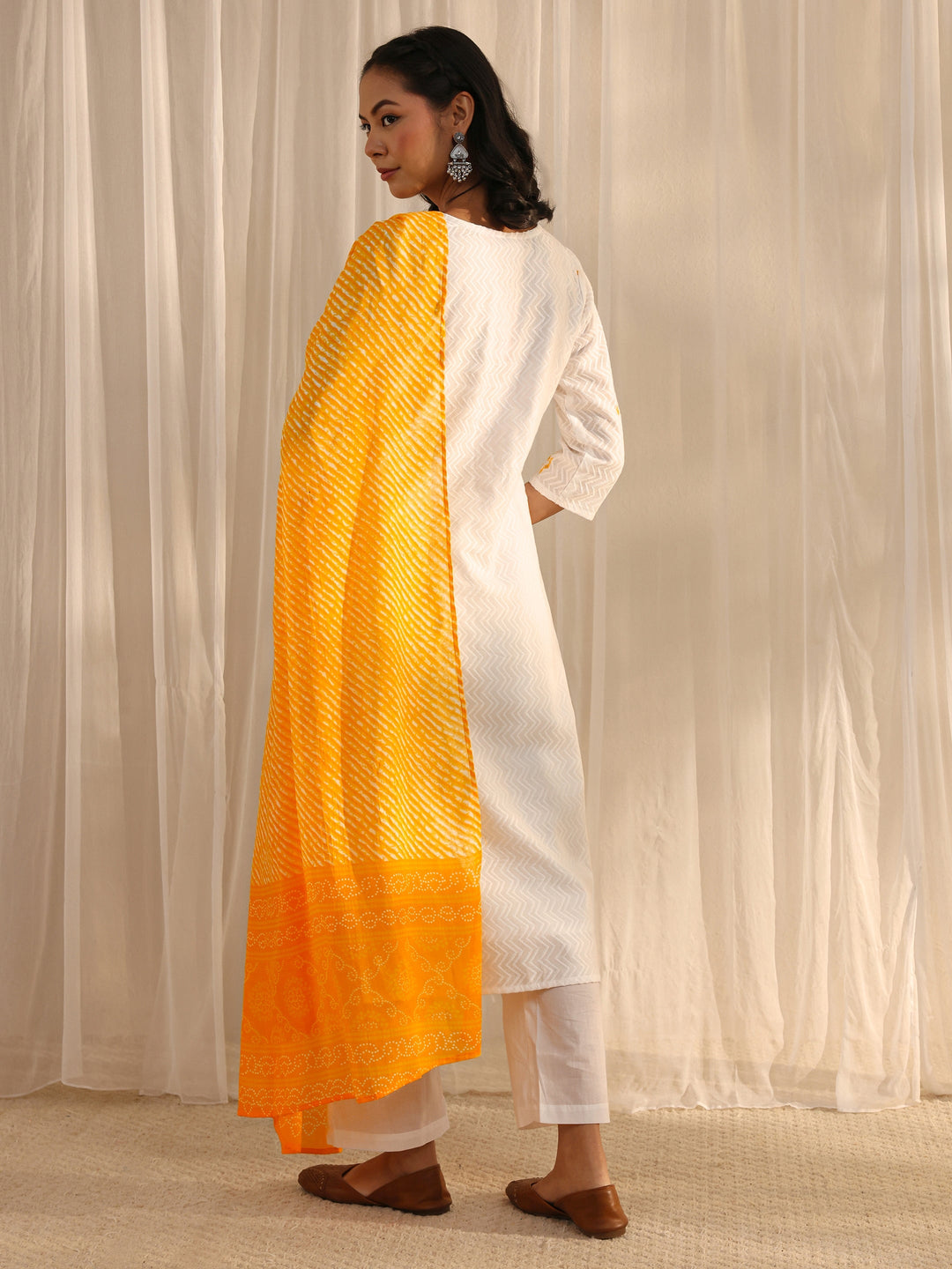 White Chevron Embroidered Cotton Straight Suit Set With Dupatta