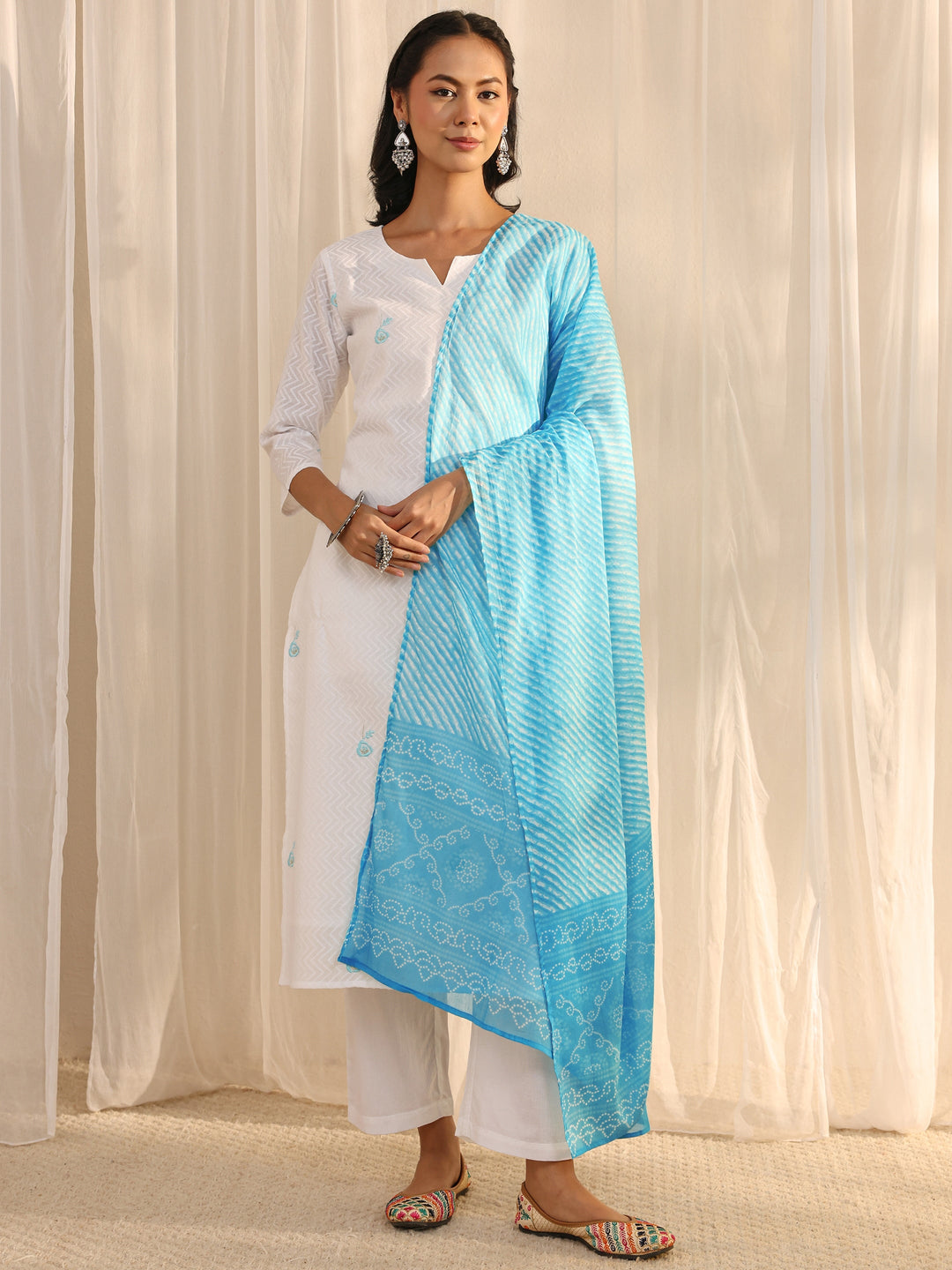 White Chevron Embroidered Cotton Straight Suit Set With Dupatta