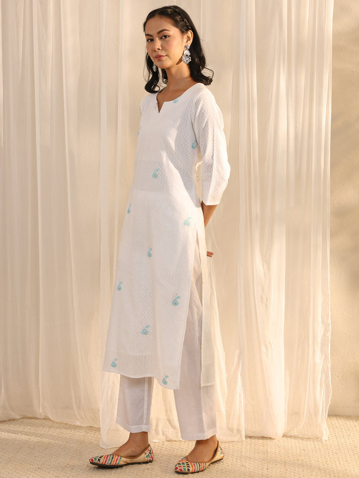 White Chevron Embroidered Cotton Straight Suit Set With Dupatta