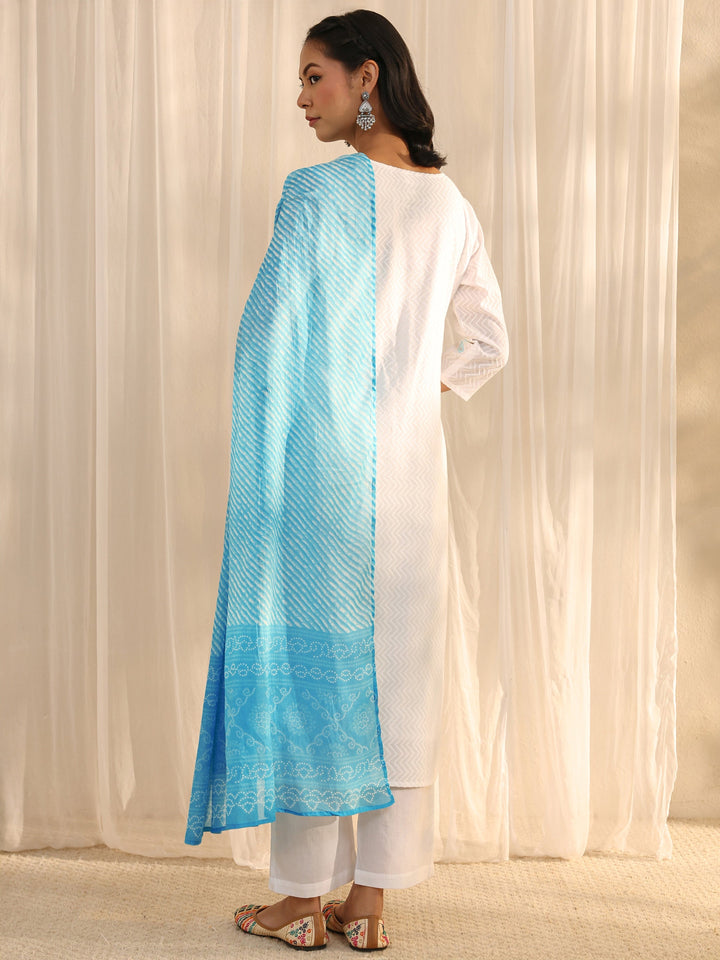 White Chevron Embroidered Cotton Straight Suit Set With Dupatta
