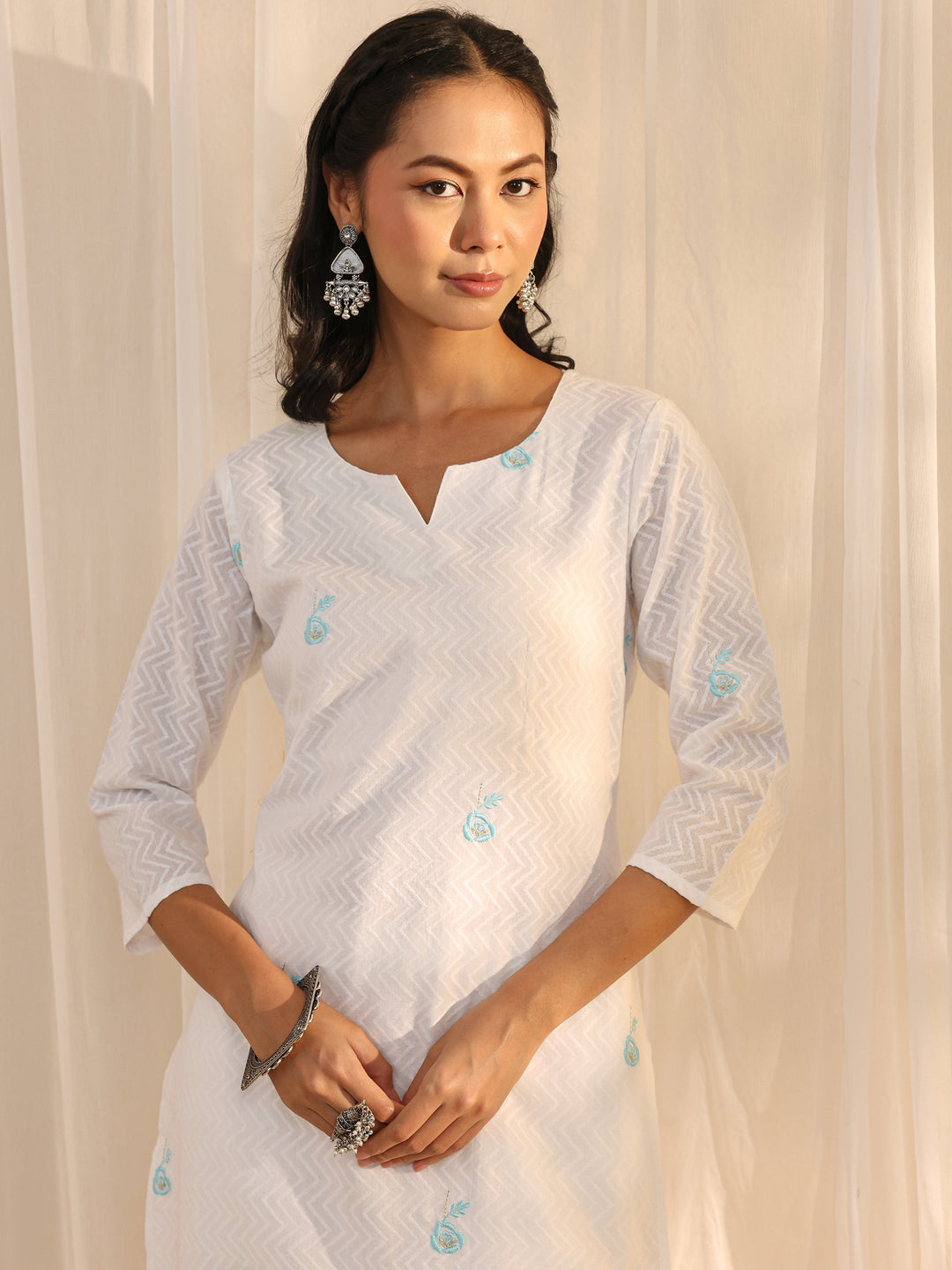 White Chevron Embroidered Cotton Straight Suit Set With Dupatta