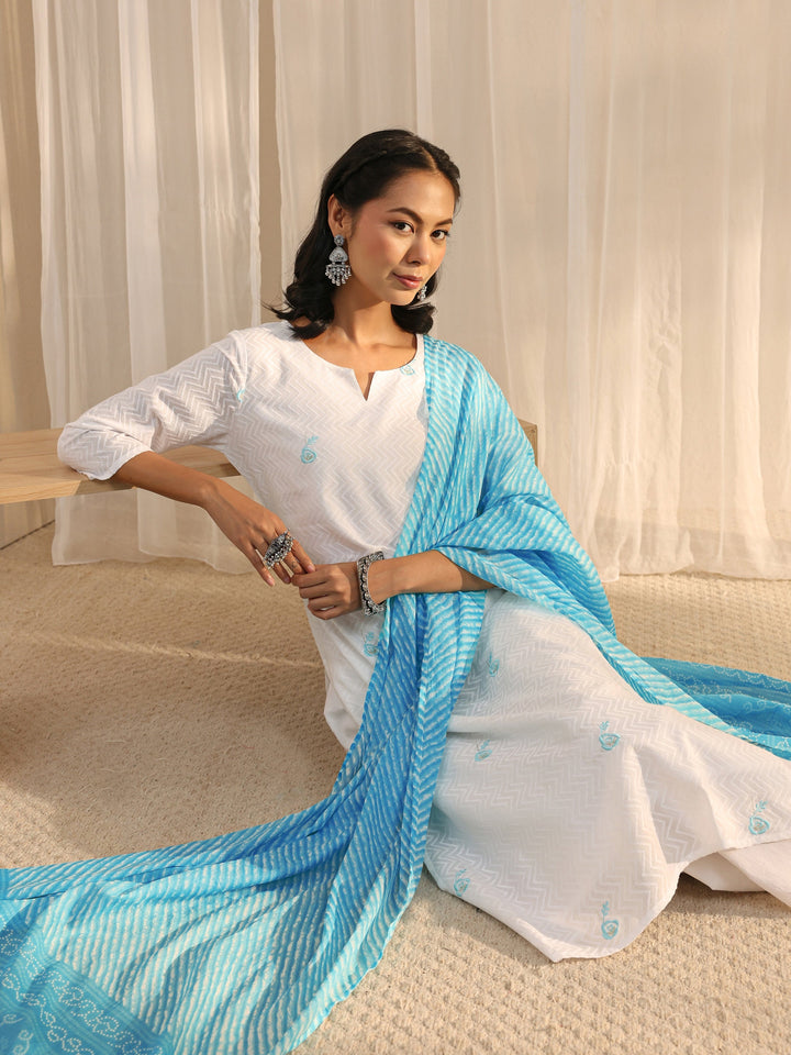 White Chevron Embroidered Cotton Straight Suit Set With Dupatta