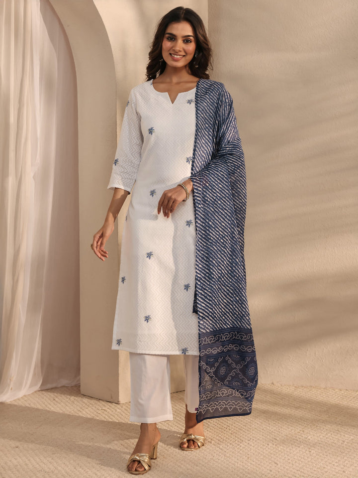 White Embroidered Cotton Straight Suit Set With Dupatta