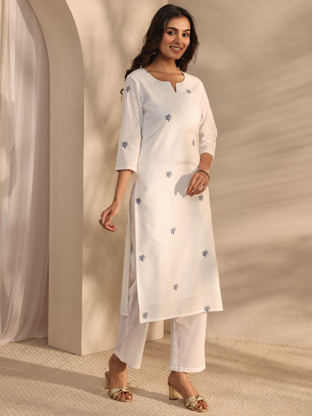 White Embroidered Cotton Straight Suit Set With Dupatta