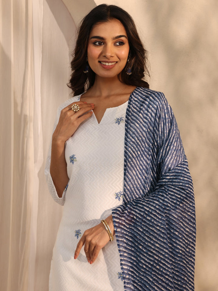 White Embroidered Cotton Straight Suit Set With Dupatta