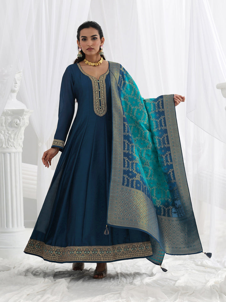 Navy Blue Embroidered Silk A-Line Gown With Dupatta