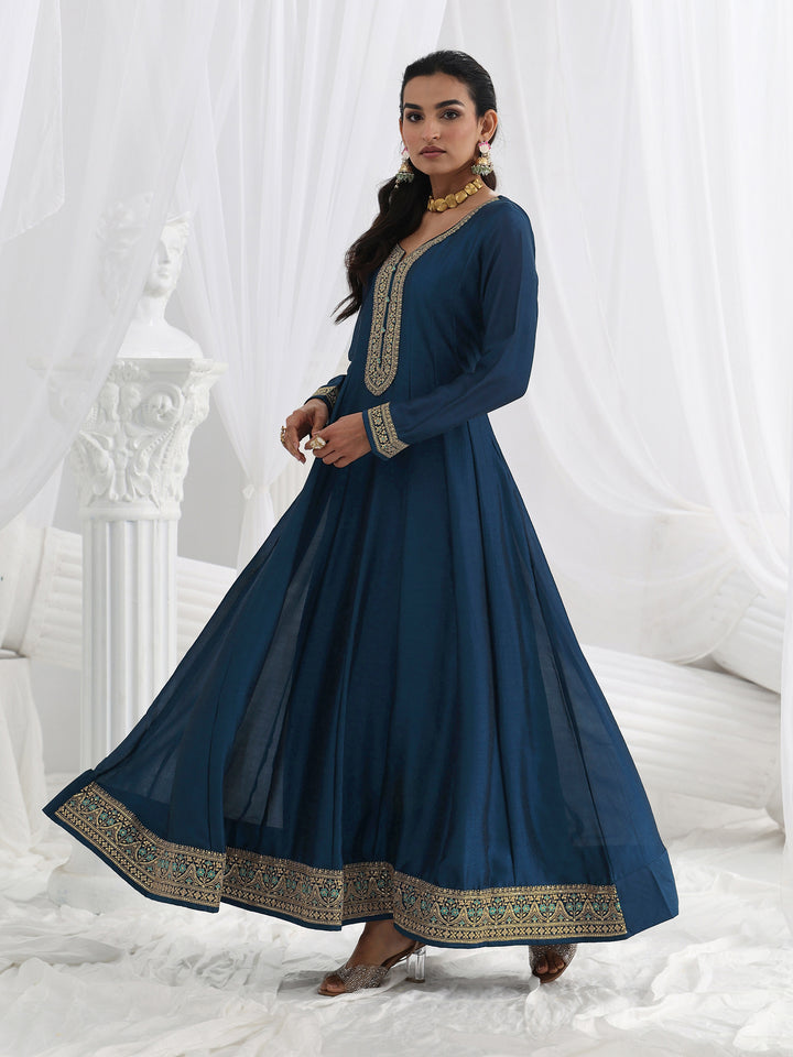Navy Blue Embroidered Silk A-Line Gown With Dupatta