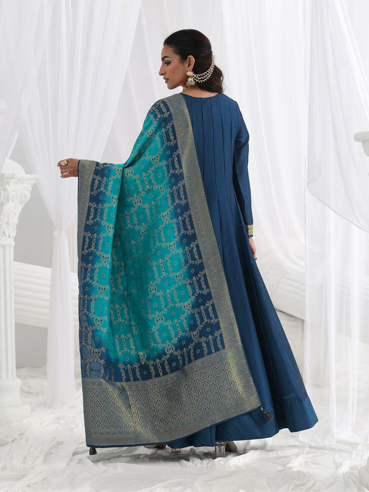 Navy Blue Embroidered Silk A-Line Gown With Dupatta