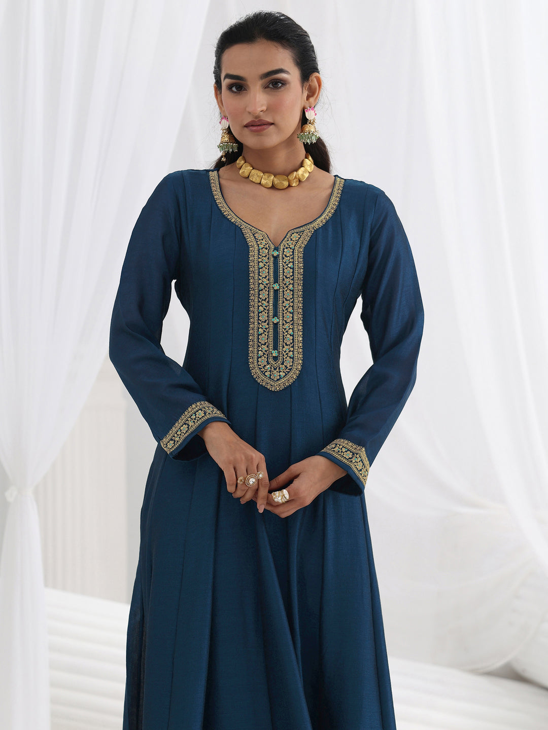 Navy Blue Embroidered Silk A-Line Gown With Dupatta