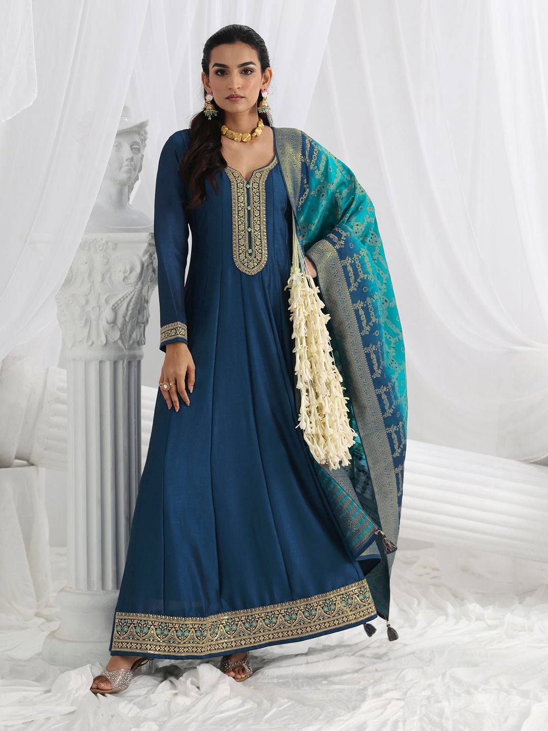 Navy Blue Embroidered Silk A-Line Gown With Dupatta