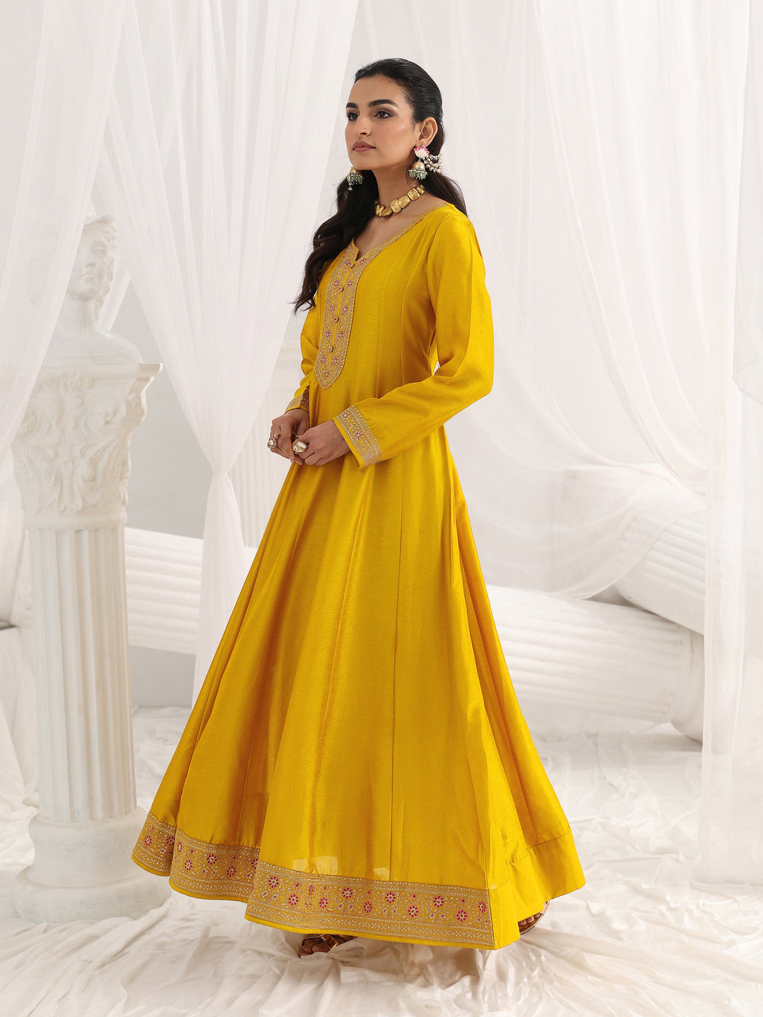 Mustard Embroidered Silk A-Line Gown With Dupatta
