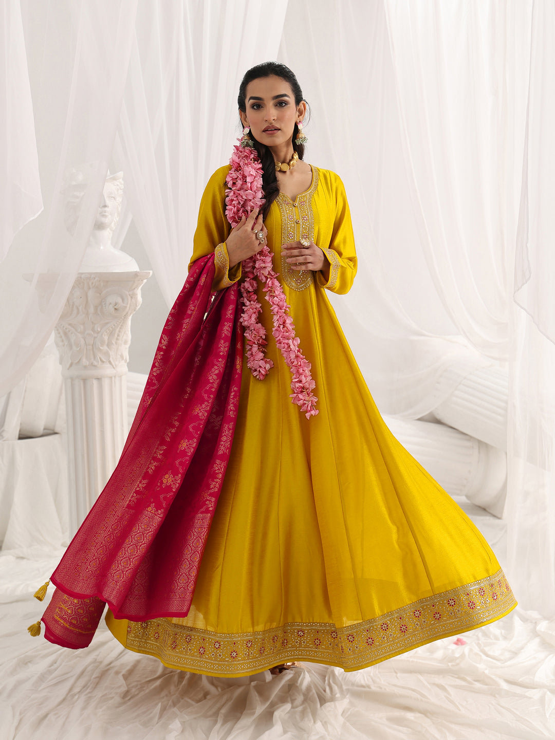 Mustard Embroidered Silk A-Line Gown With Dupatta