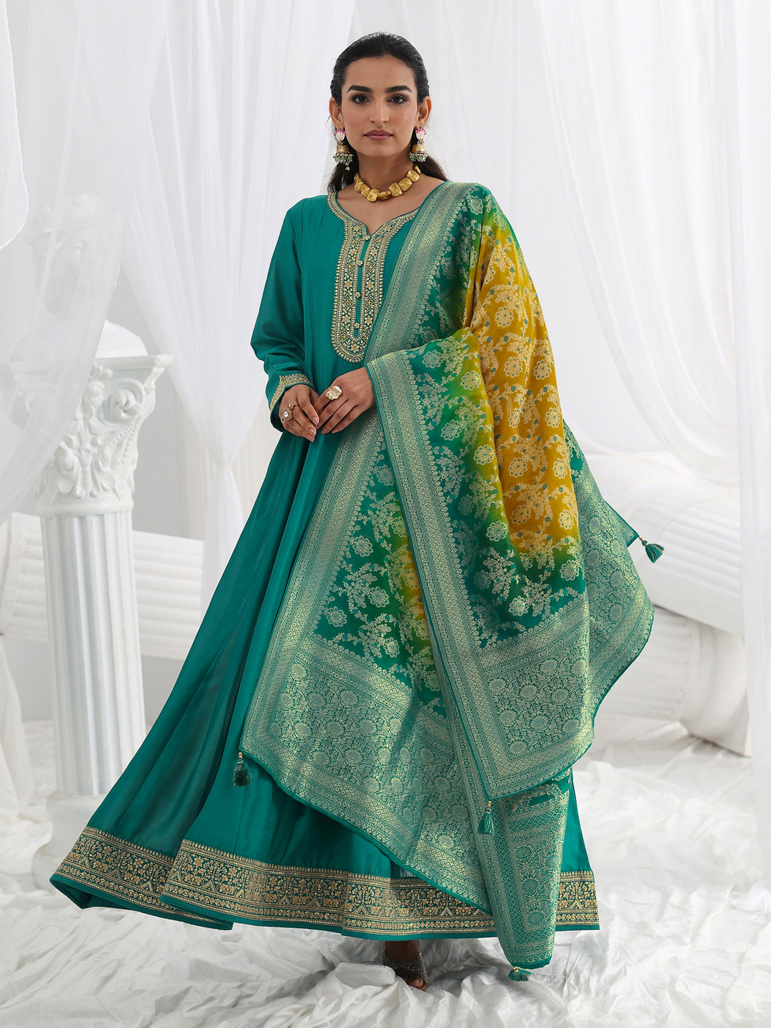 Green Embroidered Silk A-Line Gown With Dupatta